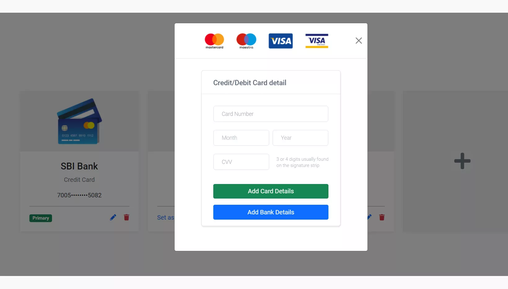 Payment option Cards Popup