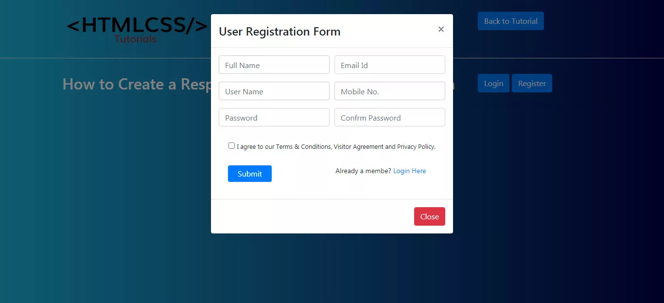 Responsive modal sign up Form